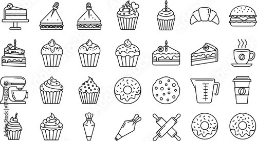 Baking icon set, dessert silhouette graphics, cupcake, cake, donut, mixer, piping bag, coffee cup, minimal style, black line art
