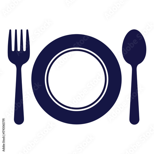 Icon vector art of dark blue plate with fork and spoon