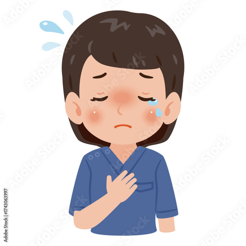 青色のスクラブを着た泣く女性　上半身イラスト／Crying woman wearing blue scrubs　upper body illustration