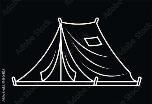 Canvas tent icon, camping shelter silhouette, pitched roof line art, outdoor gear graphic, black illustration, minimal style, travel design