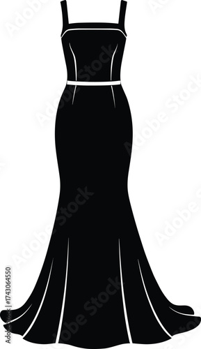 Evening gown icon, square neckline silhouette, pleated full skirt, waist band detail, black line art, minimal fashion style, elegant outfit