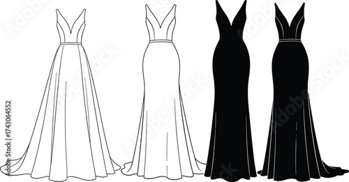 Evening gown icon set, formal dress silhouette graphics, V-neckline, fitted bodice, flowing skirt, black line art, minimal fashion design