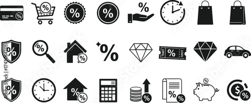 Finance and shopping icon set, percentage symbol graphics, credit card, piggy bank, calculator, money, minimal style, black line art