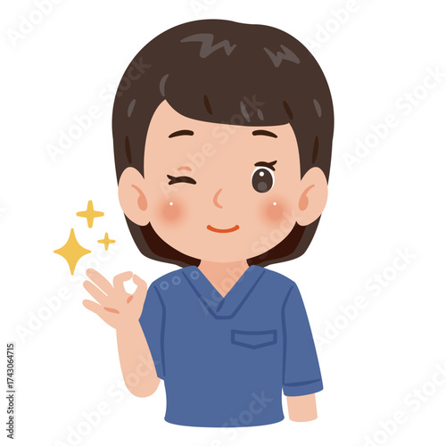 青色のスクラブを着た案内する女性　上半身イラスト／Woman wearing blue scrubs making an OK sign　upper body illustration
