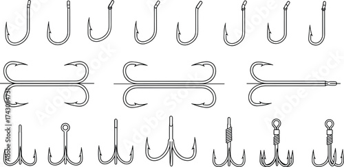 Fishing hook icon set, single double treble silhouettes, tackle gear graphics, black line art, minimal style, angling equipment symbols