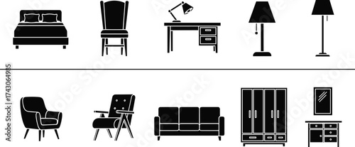 Furniture icon set, black silhouette graphics, household items, interior design symbols, bed, sofa, lamp, wardrobe, chair, minimalist decor