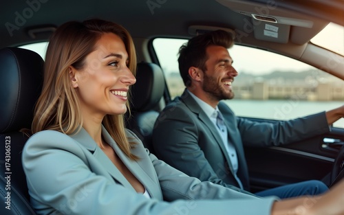 Image of young caucasian businesslike man and woman riding in car. High quality