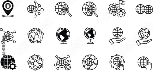 Global network icon set, connectivity silhouette graphics, Earth symbols, location pins, digital communication, minimal style, black design, GIS elements