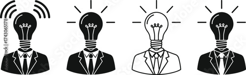 Idea generation icon set, lightbulb head silhouettes, creativity concept graphics, innovation symbol, business suit figures, minimal style, black design