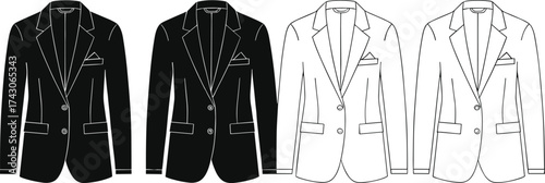 Men’s blazer icon set, fashion silhouette graphics, notched lapel design, pocket detail, black line art, minimal style, formal wear