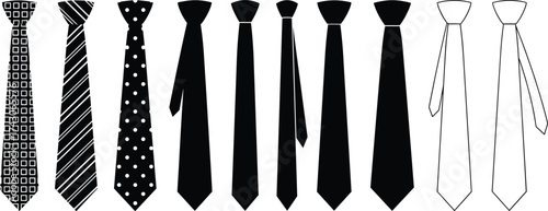 Necktie icon set, men’s fashion silhouettes, tie pattern graphics, formal wear symbols, black line art, minimal style, clothing design
