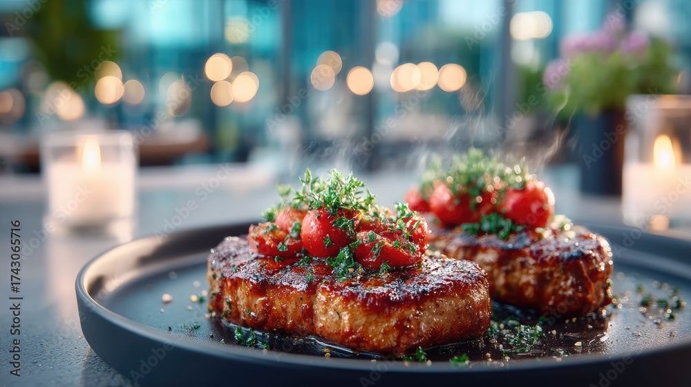 Fototapeta premium Grilled Steak Topped with Cherry Tomatoes and Herbs on Black Plate Fine Dining Experience with Blurred Background