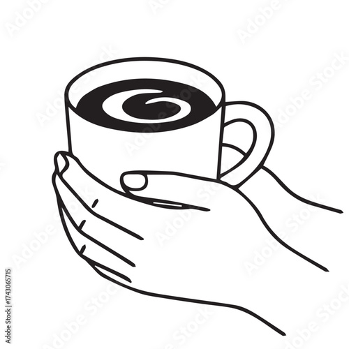 A simple elegant vector design of a hand holding coffee cup, black and white with defined outlines reflecting calm, comfort, and refinement.