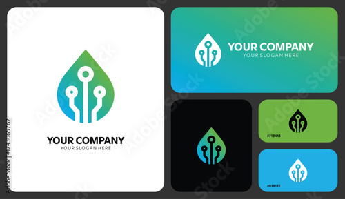 Modern tech water drop logo design for innovative company branding and sustainable technology solutions with vibrant color palette for business identity