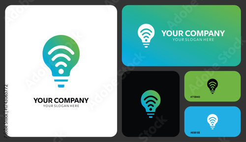 Modern branding concept with vibrant lightbulb WiFi signal logo for tech company, showcasing innovation, connectivity and smart solutions in a dynamic design