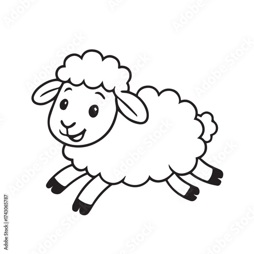 Minimalist vector artwork showing a cute sheep, rendered in black and white tones with strong black outline highlighting playful and gentle appearance.