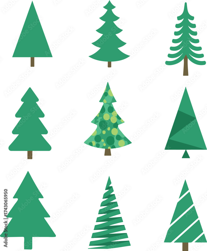 Fototapeta premium Set of Christmas Trees Isolated on White, Holiday Decoration Vector Illustration. Green Fir and Pine vector