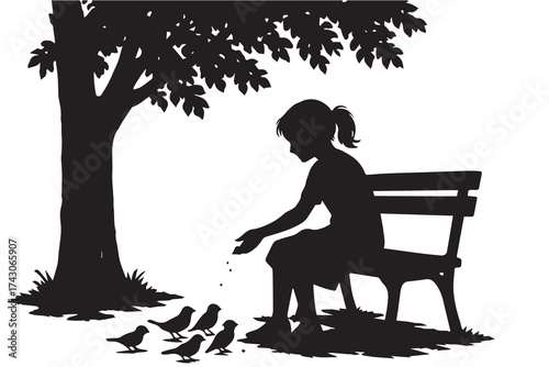 Vector silhouette illustration showing a little girl sitting on a park bench feeding birds, designed in black and white emphasizing calm peaceful moment.
