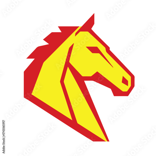 Vector simple design featuring a horse head in yellow with red outline, symbolizing Chinese New Year’s Fire Horse spirit and prosperity.