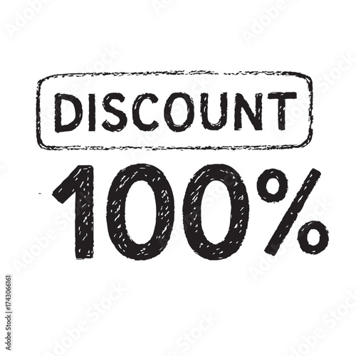 Vector minimalist composition with chalk lettering “Discount 100% Sale” on blackboard background, designed in simple black and white for business event.