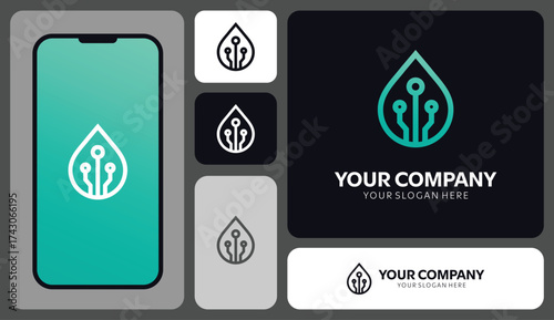 Modern tech water drop logo design for branding, app icon, and technology company identity that communicates innovation and connection with a clean aesthetic