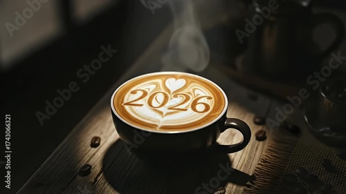 A steaming cup of coffee on a wooden table with latte art depicting the year 2026 inside a heart.