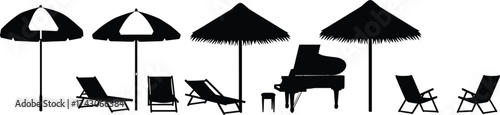 Silhouette of tropical beach umbrellas, lounge chairs, and grand piano under palm huts, perfect for summer vacation, relaxation, and design