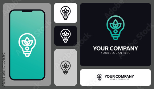 Modern eco logo design with plant lightbulb ideal for green business branding and innovative sustainability campaigns, inspiring trust and environmental focus