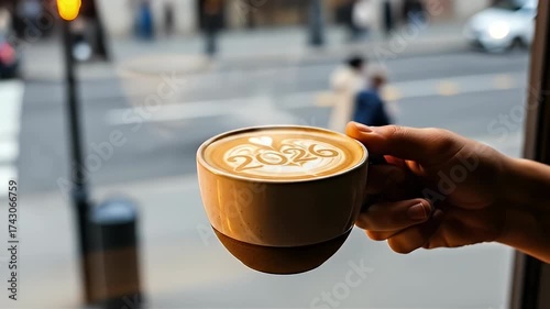 A person's hand holding a cup of coffee with the year 2026 drawn in the latte art foam, seen from inside a cafe looking out onto a city street.