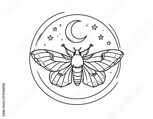 Moth in circle with moon and stars