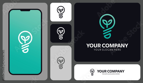 Modern logo design with a lightbulb and plant for eco-friendly or innovative brands, perfect for startup branding and environmental initiatives