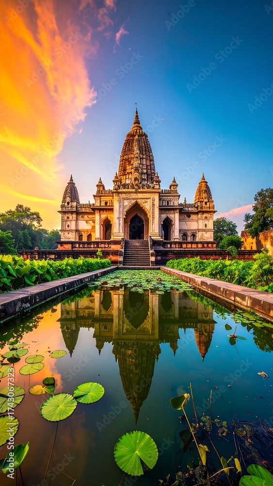 Fototapeta premium Ornate Temple Reflected in a Lily Pond at Sunset