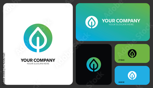 Eco-friendly brand identity design template showcasing a modern leaf logo concept for sustainable businesses looking to grow with an organic approach.