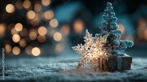 Christmas tree snowflake and gift on snow with blurred lights in background.