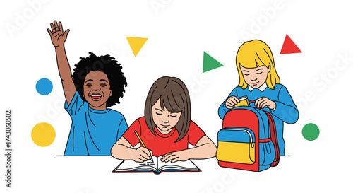 Diverse children happily learning and preparing for school with colorful backpacks and supplies