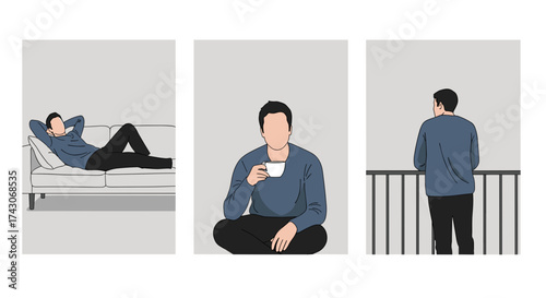 Modern man relaxing, enjoying coffee, and contemplating life's moments with stylish simplicity.