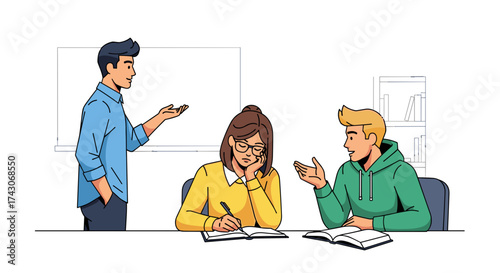 Engaged students learning together in a modern classroom setting with teacher guidance
