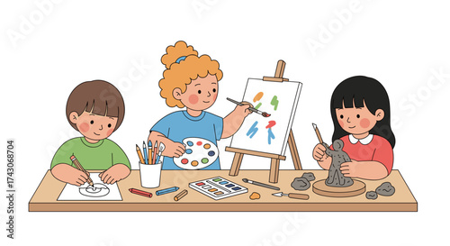 Creative children engaging in art class, painting, drawing, and sculpting with joy and focus.