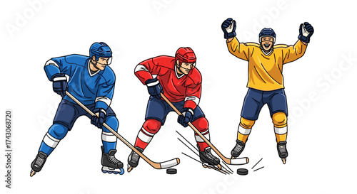 Dynamic ice hockey players celebrating victory and action on the rink, capturing thrilling sports moments