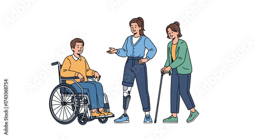 Diverse group supporting inclusion: person in wheelchair, amputee, elder with cane connect.