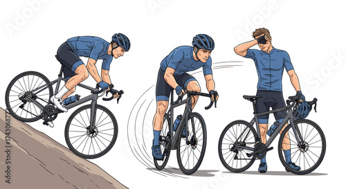Cyclist experiences a fall and recovery, showcasing resilience and determination on the road.