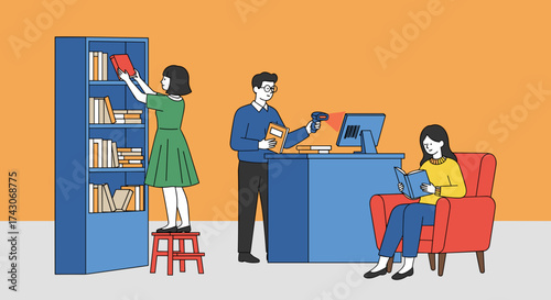 Diverse individuals engage in learning and research within a modern, inviting library setting