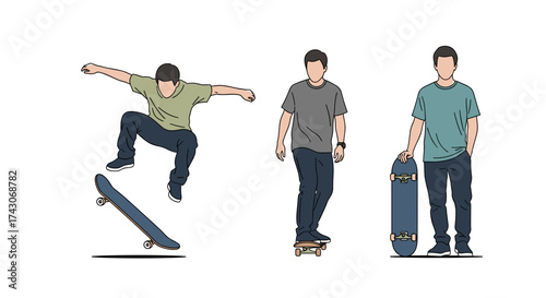 Dynamic skateboarders in action and posing, capturing urban sport energy and youthful style.