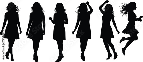 Silhouette of woman walking and dancing in various poses, stylish female figure movement illustration, elegant fashion vector design art