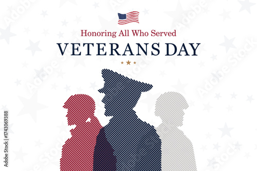 Vector banner with USA flag, soldier silhouettes honoring veterans and fallen heroes. USA Veterans Day and national pride events.