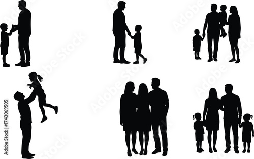 Silhouette of family, parents and children spending time together, father holding daughter, happy people standing together, isolated on white background, love, unity