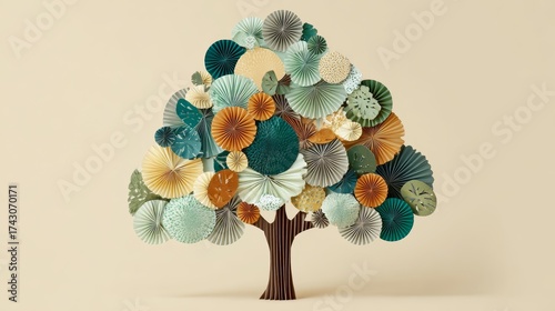 Eco-friendly tree created with recycled paper decorations on neutral background
