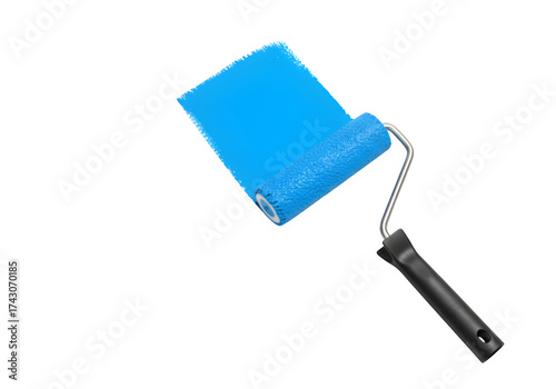 Paint roller with a long, vibrant blue paint stroke. Ideal for DIY, home renovation, or artistic design projects. Isolated on white or transparent background. PNG format.