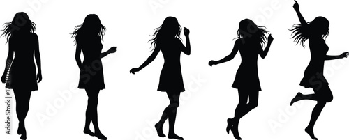 Silhouette of young woman walking and dancing in different poses, elegant female figure in motion, fashion vector art illustration