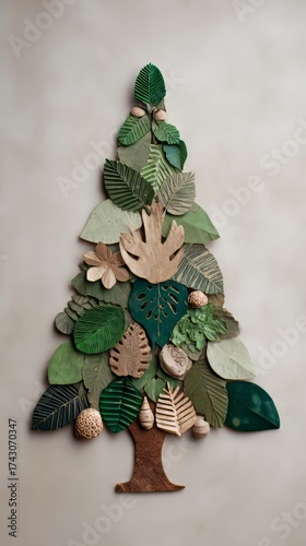 Eco-friendly tree created with recycled paper decorations on neutral background
